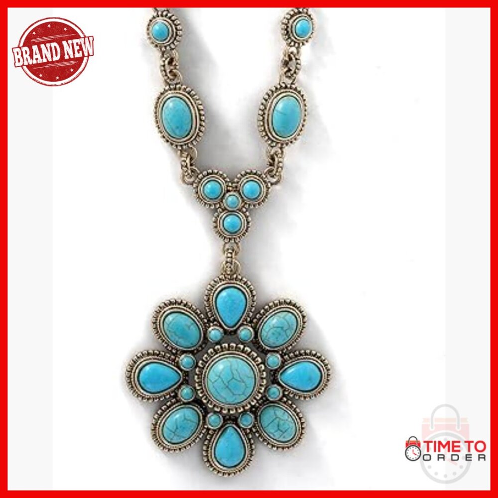 Large Turquoise Stone Flower Statement Necklace 1… - image 1